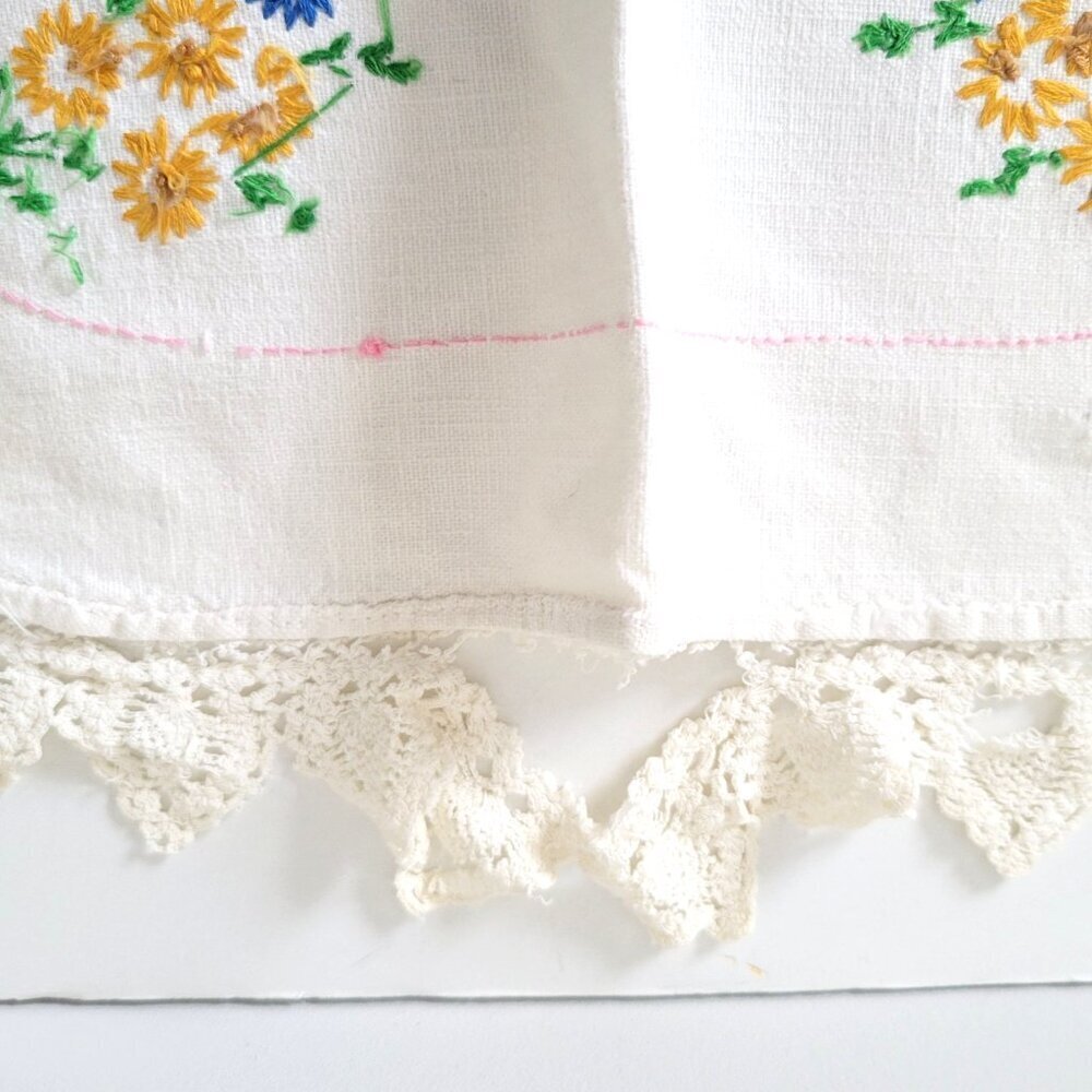 Vintage Embroidered Dresser Scarf Table Runner Flowers Crocheted Trim 26" x 20" - Picture 5 of 8